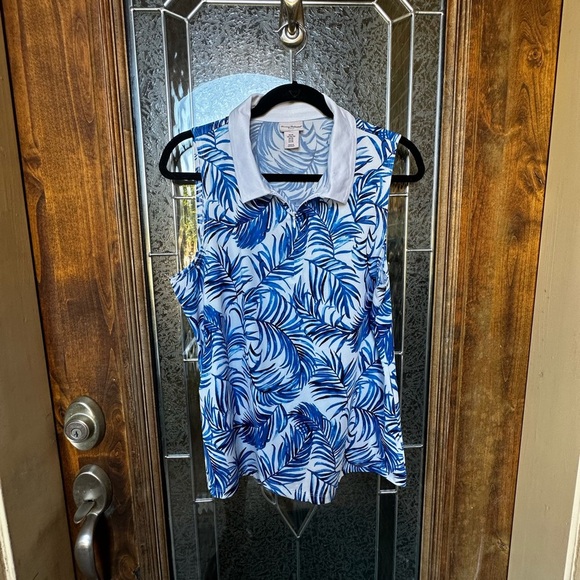 Tommy Bahama Blue and White Leaf Print Blouse - Picture 1 of 8